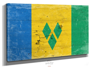 Bella Frye Saint Vincent and the Grenadines Flag Wall Art - Vintage Saint Vincent and the Grenadines Flag Sign Weathered Wood Style on Canvas