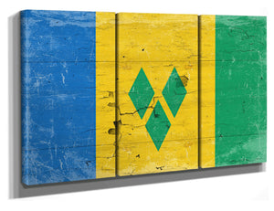 Bella Frye Saint Vincent and the Grenadines Flag Wall Art - Vintage Saint Vincent and the Grenadines Flag Sign Weathered Wood Style on Canvas