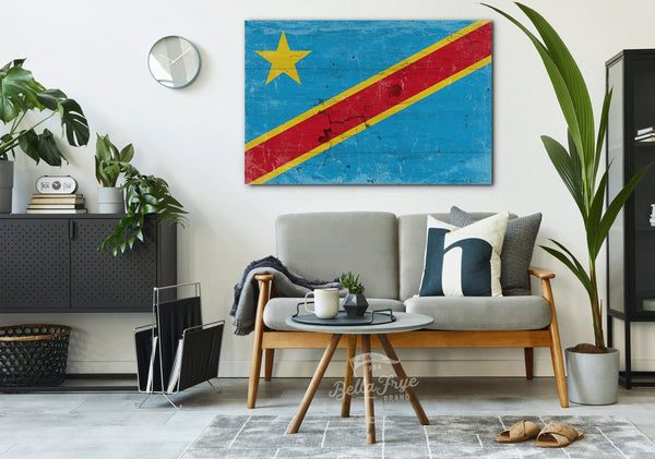 Bella Frye The Democratic Republic of the Congo Flag Wall Art - Vintage Democratic Republic of the Congo Flag Sign Weathered Wood Style on Canvas