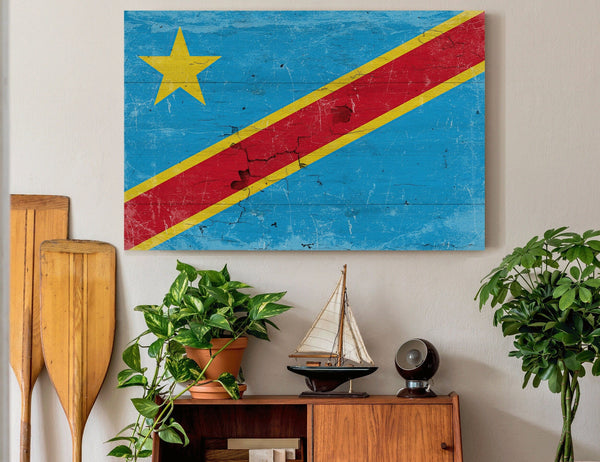 Bella Frye The Democratic Republic of the Congo Flag Wall Art - Vintage Democratic Republic of the Congo Flag Sign Weathered Wood Style on Canvas