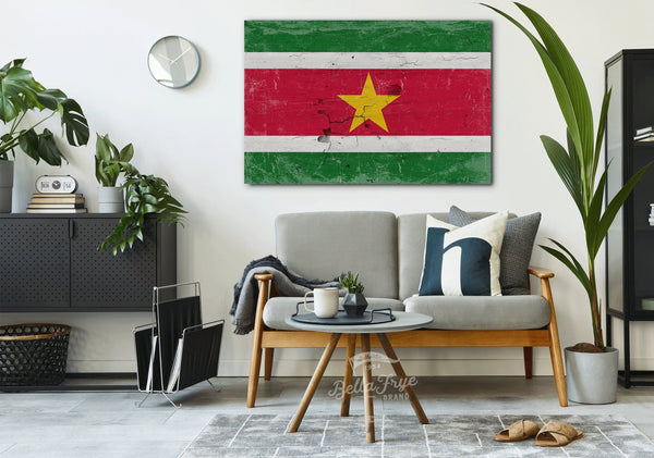 Bella Frye Suriname Flag Wall Art - Vintage Suriname Flag Sign Weathered Wood Style on Canvas