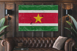 Bella Frye Suriname Flag Wall Art - Vintage Suriname Flag Sign Weathered Wood Style on Canvas