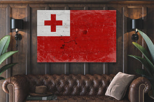 Bella Frye Tonga Flag Wall Art - Vintage Tonga Flag Sign Weathered Wood Style on Canvas