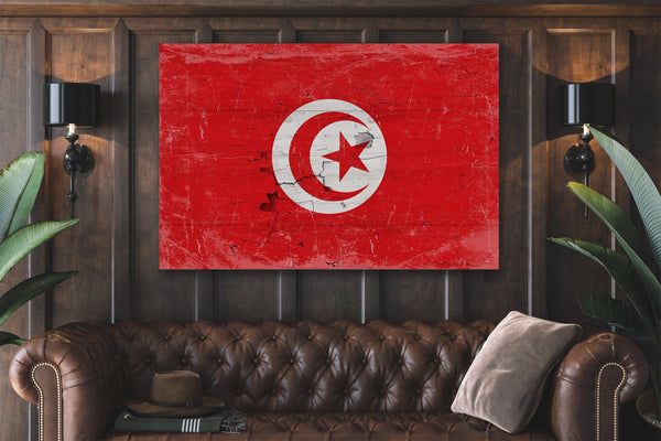 Bella Frye Tunisia Flag Wall Art - Vintage Tunisia Flag Sign Weathered Wood Style on Canvas