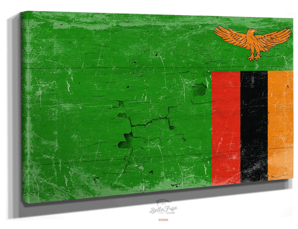 Bella Frye Zambia Flag Wall Art - Vintage Zambia Flag Sign Weathered Wood Style on Canvas