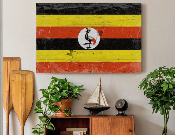 Bella Frye Uganda Flag Wall Art - Vintage Uganda Flag Sign Weathered Wood Style on Canvas