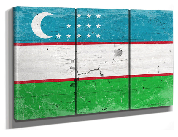 Bella Frye Uzbekistan Flag Wall Art - Vintage Uzbekistan Flag Sign Weathered Wood Style on Canvas