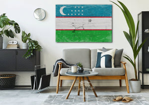 Bella Frye Uzbekistan Flag Wall Art - Vintage Uzbekistan Flag Sign Weathered Wood Style on Canvas