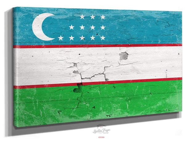 Bella Frye Uzbekistan Flag Wall Art - Vintage Uzbekistan Flag Sign Weathered Wood Style on Canvas