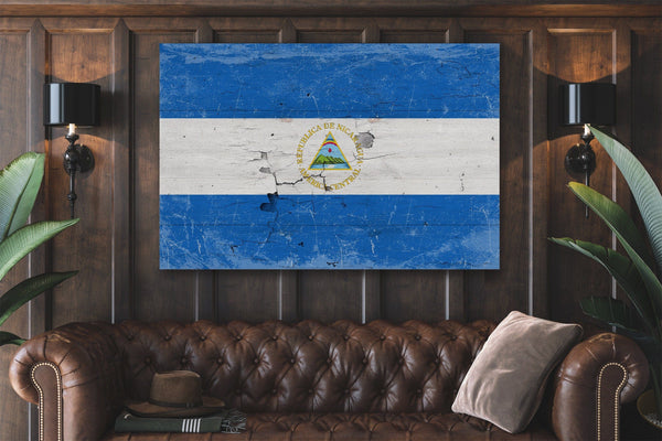 Bella Frye Nicaragua Flag Wall Art - Vintage Nicaragua Flag Sign Weathered Wood Style on Canvas