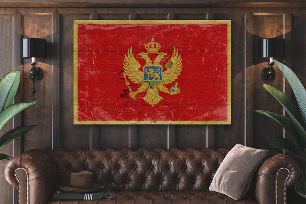 Bella Frye Montenegro Flag Wall Art - Vintage Montenegro Flag Sign Weathered Wood Style on Canvas