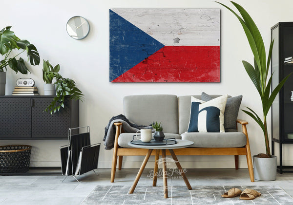 Bella Frye Czech Republic Flag Wall Art - Vintage Czech Republic Flag Sign Weathered Wood Style on Canvas