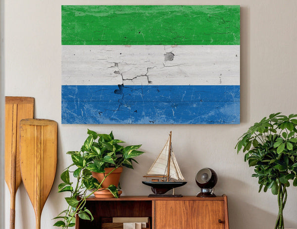 Bella Frye Sierra Leone Flag Wall Art - Vintage Sierra Leone Flag Sign Weathered Wood Style on Canvas