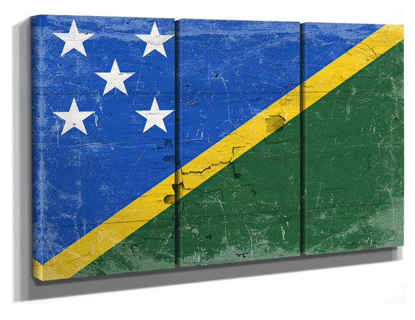 Bella Frye Solomon Islands Flag Wall Art - Vintage Solomon Islands Flag Sign Weathered Wood Style on Canvas