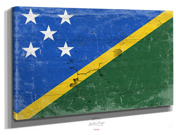 Bella Frye Solomon Islands Flag Wall Art - Vintage Solomon Islands Flag Sign Weathered Wood Style on Canvas