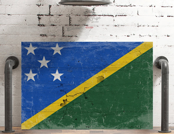 Bella Frye Solomon Islands Flag Wall Art - Vintage Solomon Islands Flag Sign Weathered Wood Style on Canvas