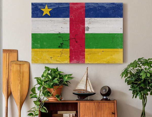 Bella Frye Central African Republic Flag Wall Art - Vintage Central African Republic Flag Sign Weathered Wood Style on Canvas