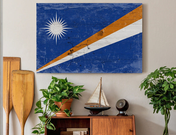 Bella Frye Marshall Islands Flag Wall Art - Vintage Marshall Islands Flag Sign Weathered Wood Style on Canvas