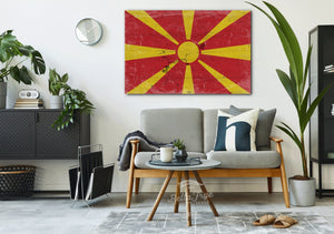 Bella Frye North Macedonia Flag Wall Art - Vintage North Macedonia Flag Sign Weathered Wood Style on Canvas