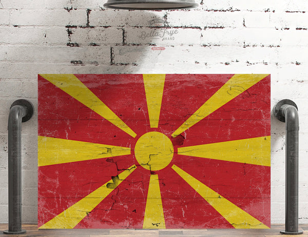 Bella Frye North Macedonia Flag Wall Art - Vintage North Macedonia Flag Sign Weathered Wood Style on Canvas