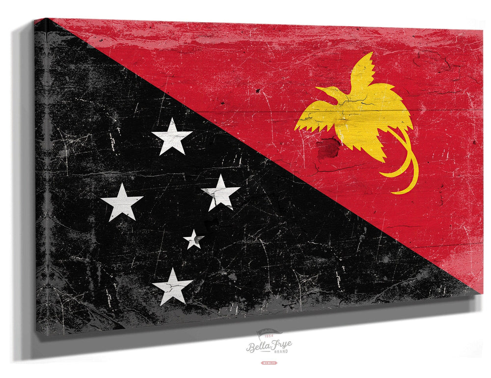 Bella Frye Papua New Guinea Flag Wall Art - Vintage Papua New Guinea Flag Sign Weathered Wood Style on Canvas