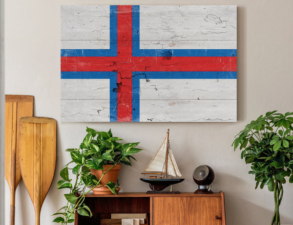 Bella Frye The Faeroe Islands Flag Wall Art - Vintage Faeroe Islands Flag Sign Weathered Wood Style on Canvas