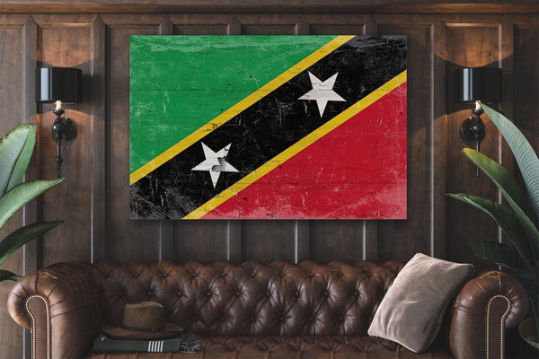 Bella Frye Saint Kitts and Nevis Flag Wall Art - Vintage Saint Kitts and Nevis Flag Sign Weathered Wood Style on Canvas