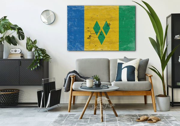 Bella Frye Saint Vincent and the Grenadines Flag Wall Art - Vintage Saint Vincent and the Grenadines Flag Sign Weathered Wood Style on Canvas