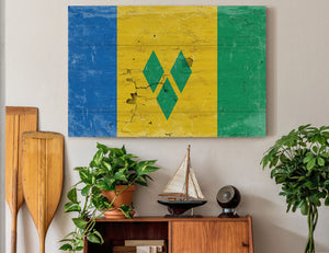 Bella Frye Saint Vincent and the Grenadines Flag Wall Art - Vintage Saint Vincent and the Grenadines Flag Sign Weathered Wood Style on Canvas