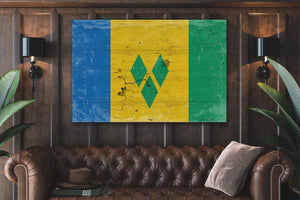 Bella Frye Saint Vincent and the Grenadines Flag Wall Art - Vintage Saint Vincent and the Grenadines Flag Sign Weathered Wood Style on Canvas