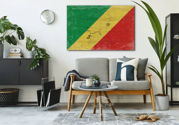 Bella Frye The Republic of the Congo Flag Wall Art - Vintage Republic of the Congo Flag Sign Weathered Wood Style on Canvas