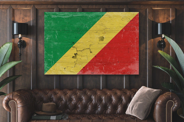 Bella Frye The Republic of the Congo Flag Wall Art - Vintage Republic of the Congo Flag Sign Weathered Wood Style on Canvas