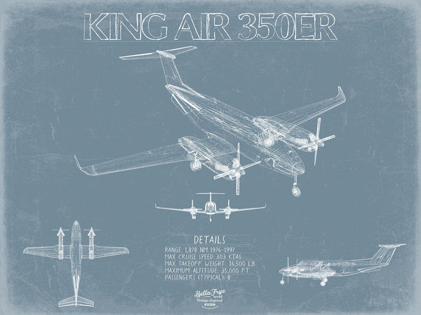 Bella Frye Beechcraft King Air 350ER Aircraft Blueprint Wall Art - Original Aviation Plane Print