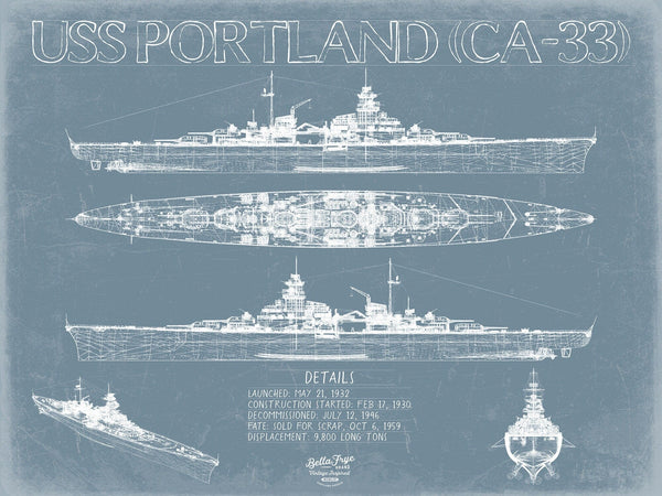 Bella Frye USS Portland (CA-33) Blueprint Wall Art - Original Cruiser Print