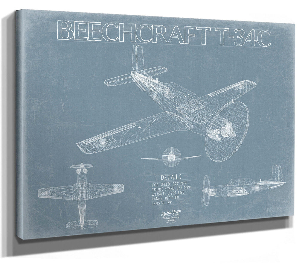 Bella Frye 14" x 11" / Stretched Canvas Wrap Beechcraft T-34C Turbo Mentor Aircraft Blueprint Wall Art - Original Aviation Plane Print