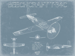 Bella Frye Beechcraft T-34C Turbo Mentor Aircraft Blueprint Wall Art - Original Aviation Plane Print