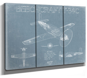 Bella Frye Beechcraft T-34C Turbo Mentor Aircraft Blueprint Wall Art - Original Aviation Plane Print