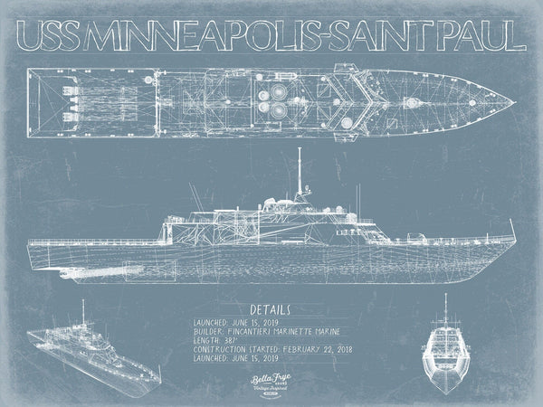 Bella Frye USS Minneapolis-Saint Paul (LCS-21) Blueprint Wall Art - Original Littoral Combat Ship Print