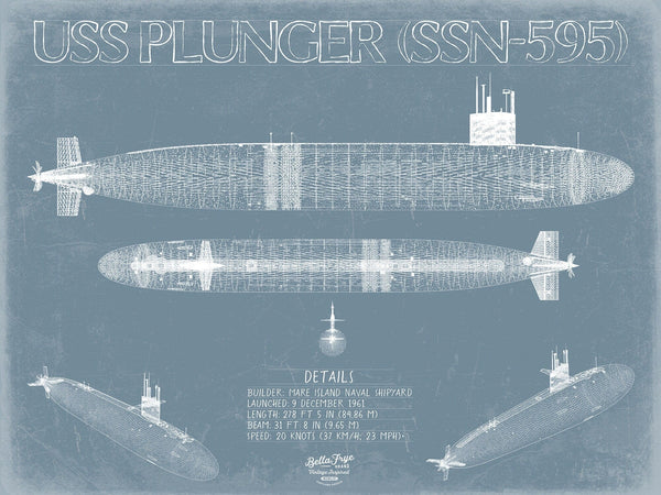 Bella Frye USS Plunger (SSN-595) Blueprint Wall Art - Original Submarine Print