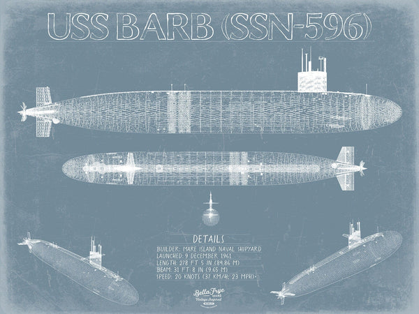 Bella Frye USS Barb (SSN-596) Blueprint Wall Art - Original Submarine Print