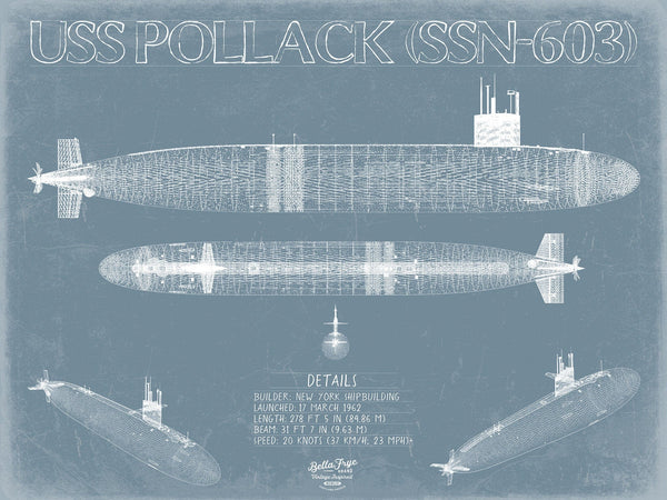 Bella Frye USS Pollack (SSN-603) Blueprint Wall Art - Original Submarine Print