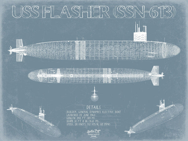 Bella Frye USS Flasher (SSN-613) Blueprint Wall Art - Original Submarine Print