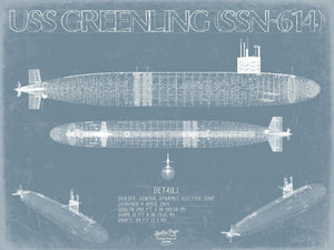 Bella Frye USS Greenling (SSN-614) Blueprint Wall Art - Original Submarine Print