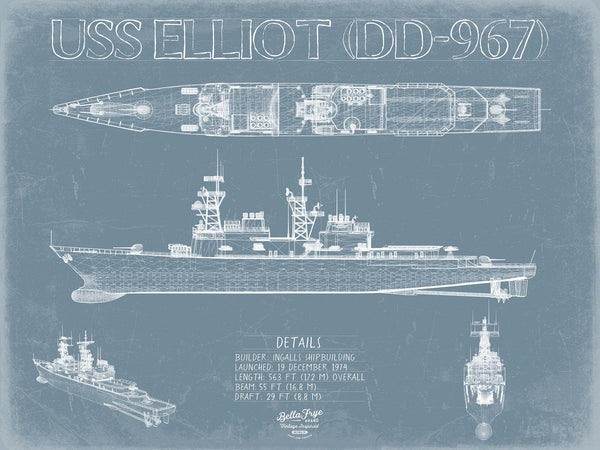 Bella Frye USS Elliot (DD-967) Blueprint Wall Art - Original Destroyer Print