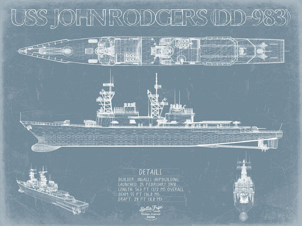 Bella Frye USS John Rodgers (DD-983) Blueprint Wall Art - Original Destroyer Print