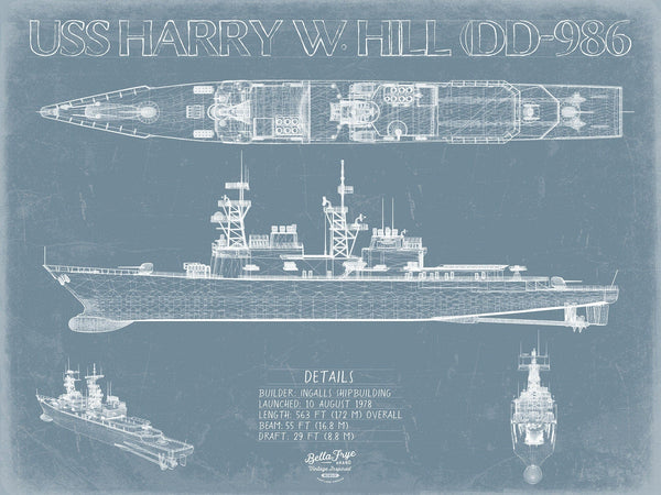 Bella Frye USS Harry W. Hill (DD-986) Blueprint Wall Art - Original Destroyer Print