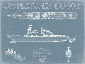 Bella Frye USS Fletcher (DD-992) Blueprint Wall Art - Original Destroyer Print