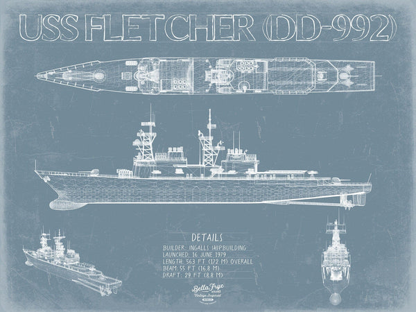 Bella Frye USS Fletcher (DD-992) Blueprint Wall Art - Original Destroyer Print