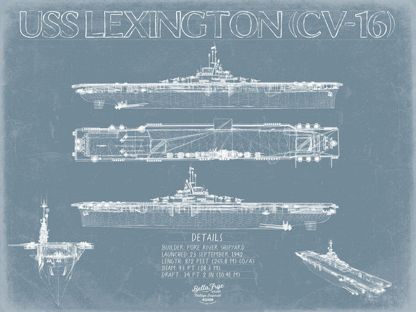 Bella Frye USS Lexington (CV-16) Blueprint Wall Art - Original Carrier Print