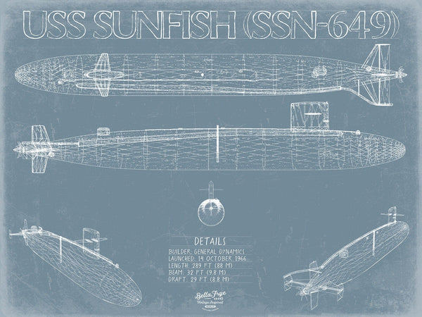 Bella Frye USS Sunfish (SSN-649) Blueprint Wall Art - Original Nuclear-powered Attack Submarine Print